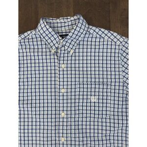 Chaps Ralph Lauren Shirt Men Short Sleeve Button Up Blue Plaid Seersucker Size S